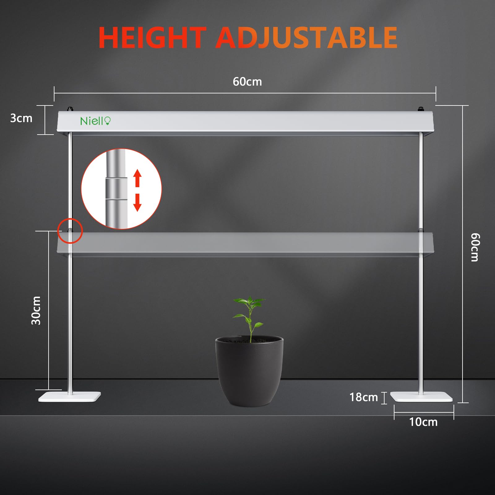 Lámpara LED de Cultivo con Pie, 60W Espectro Completo para Plantas de Interior, Temporizador 4/8/12H, 10 Niveles de Intensidad, Altura Ajustable 30-60cm