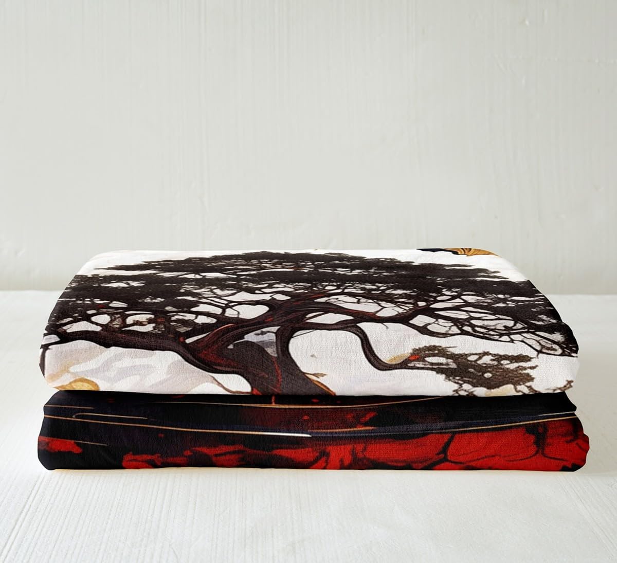 Tree of Life Fleece Blanket,Artwork Landscape Red and Black 3D Print Plush Blanket for Kids Teens,Lovely Room Decor,Golden Clouds Nature Lake Volcano Flannel Blanket,Twin 60"x80"