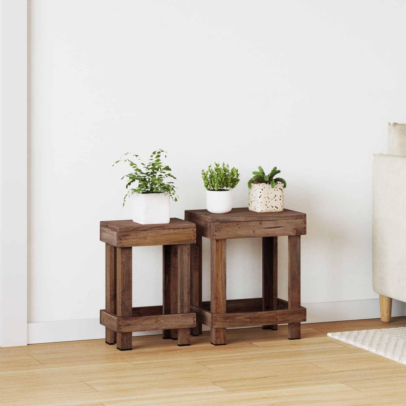 Set di 2 supporti per piante, marrone, 70 x 11 x 27 cm, mogano | Doppio livello, superficie oliata, resistente alle intemperie, per giardino, terrazza, balcone