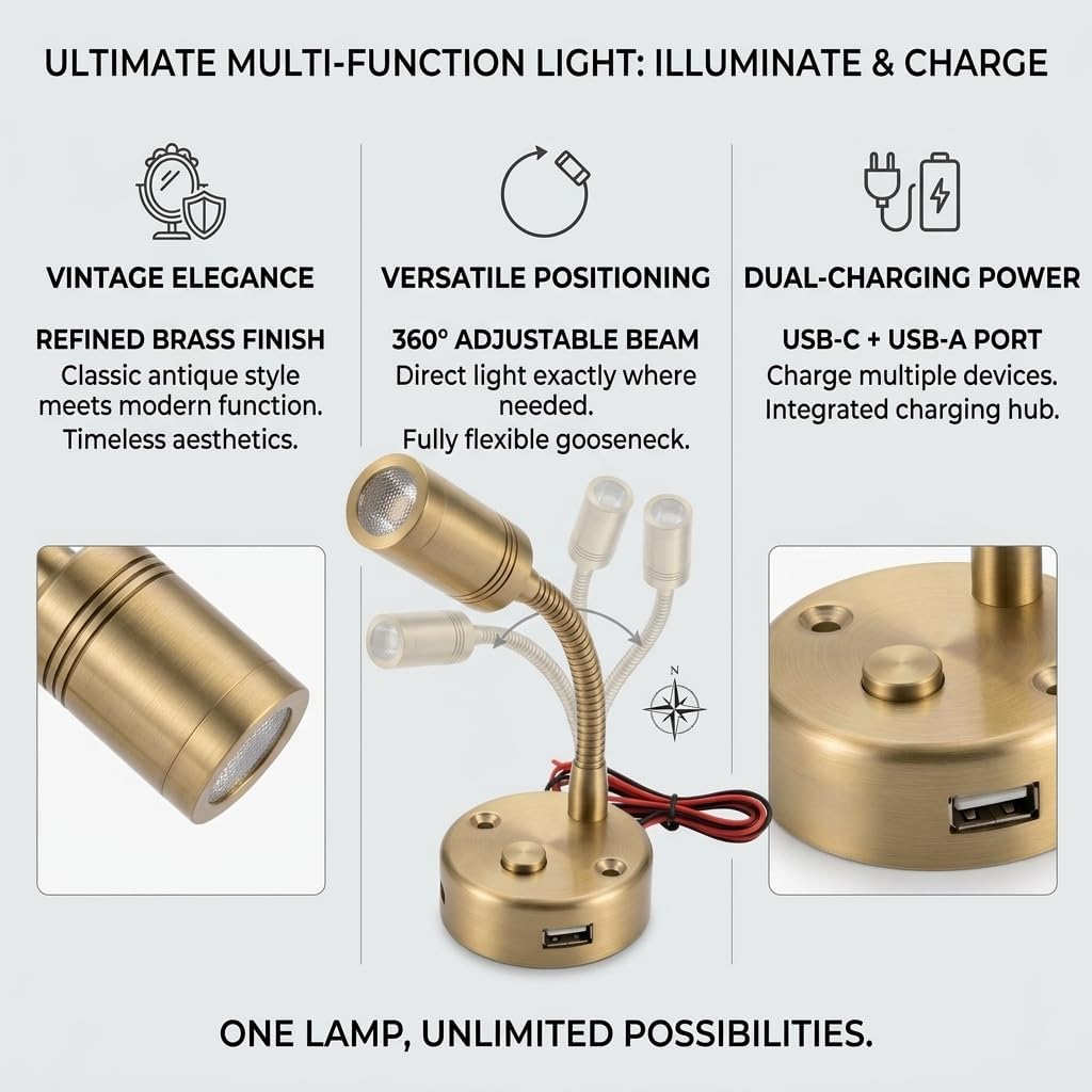 12V RV Reading Light with 10W dual USB port(USB and USBC), LED Wall Lamp with Switch, Flexible Gooseneck Bedside Light for Camper Trailer Boat, Adjustable Interior Light, Vintage Brass Finish,(2-pack)