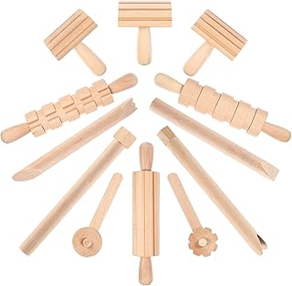 NUOBESTY Wooden Clay Tools Kids Wood Stamps Hand Rollers Plasticine Tools Pottery Molding Clay Accessories for Art DIY Crafts Activities 12pcs