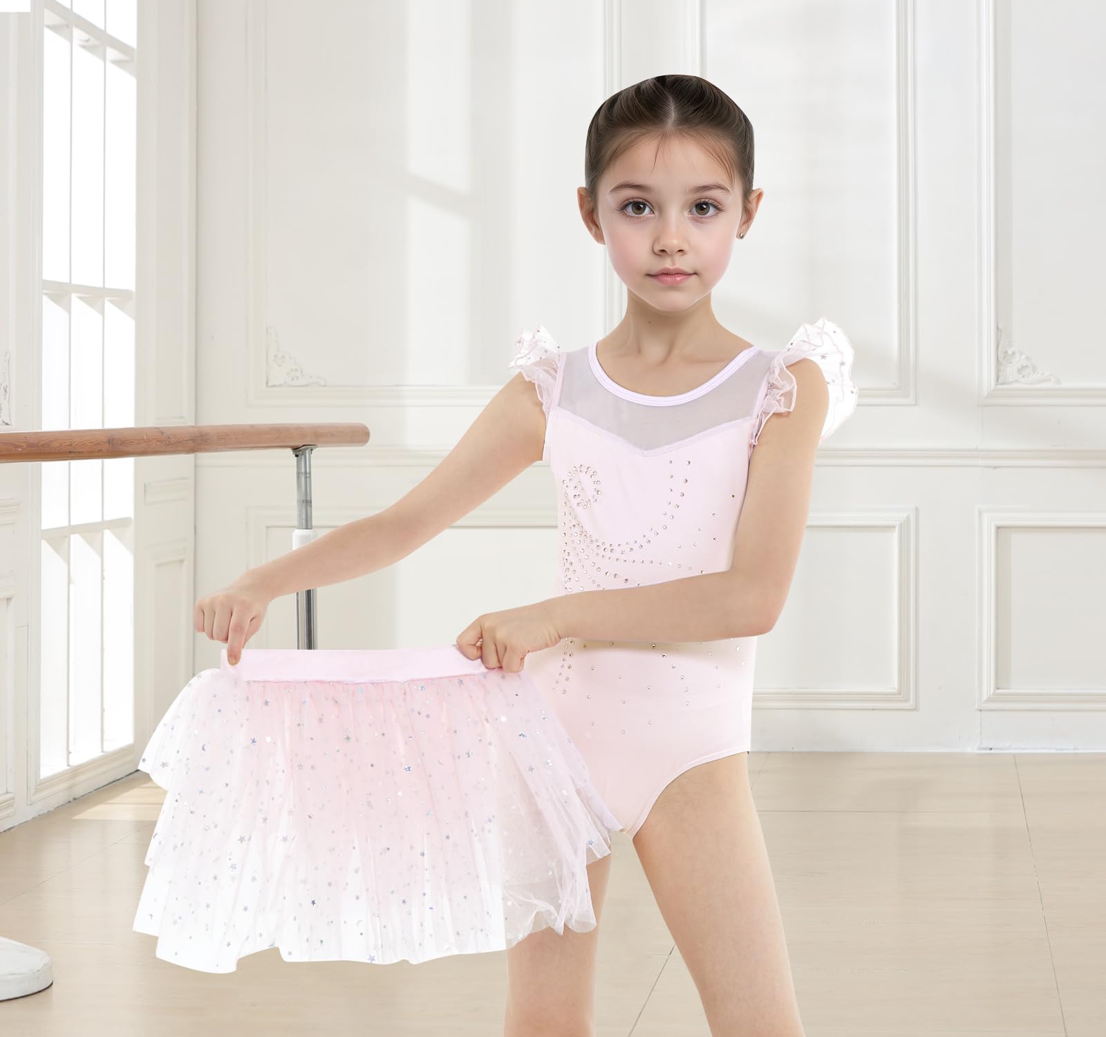 JiAmy Mädchen Ballettbekleidung Rüschenärmel Ballettkleid Kinder Ballett Outfit Tanzkleid Ballerina Kleid mit Rock Tütü für 3-10 Jahre