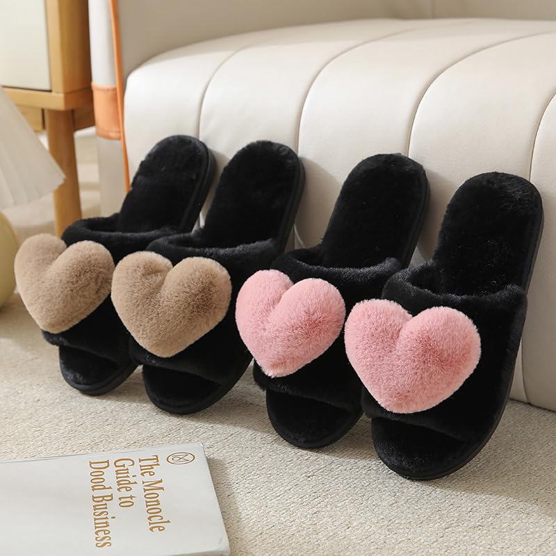 Rteyno Women's Fuzzy Slippers 3D Heart Open Toe Non-slip Soft Sole House Shoes Girl Ladies Indoor Outdoor Shoes2