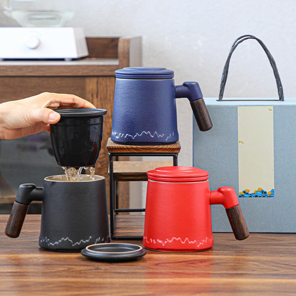 Teetasse mit Deckel und Sieb, 400 ml Teetasse mit Sieb, Teetassen mit Tee Sieb, Keramik-Teetassen mit Holzgriffen Eignen Sich zum Verschenken, Exquisite Geschenkboxen, (Rot, 400ml)