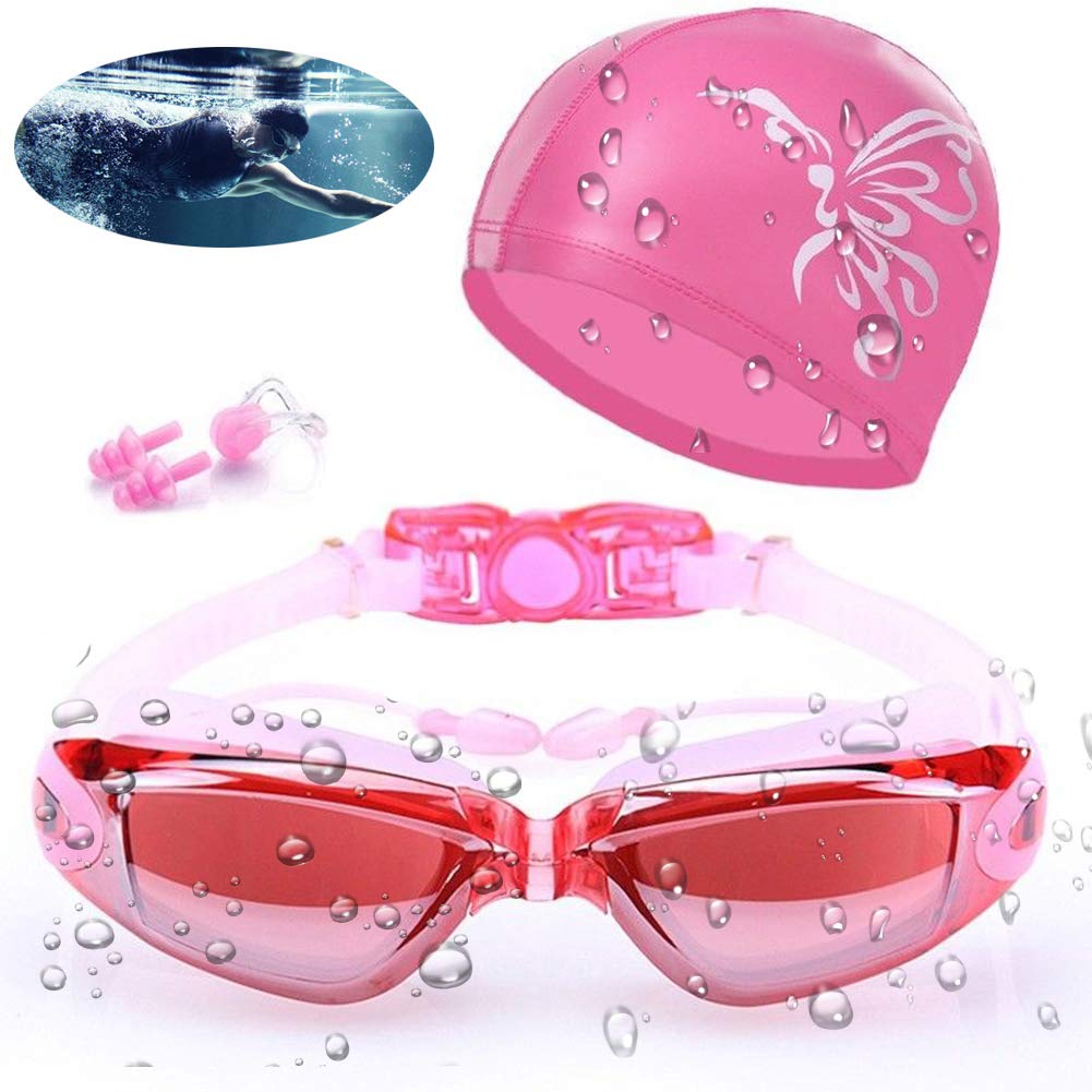 Aokelily Swimming Goggles Waterproof and Cap Set 4 in 1, UV 400 Protection Lenses Clear Anti-Fog