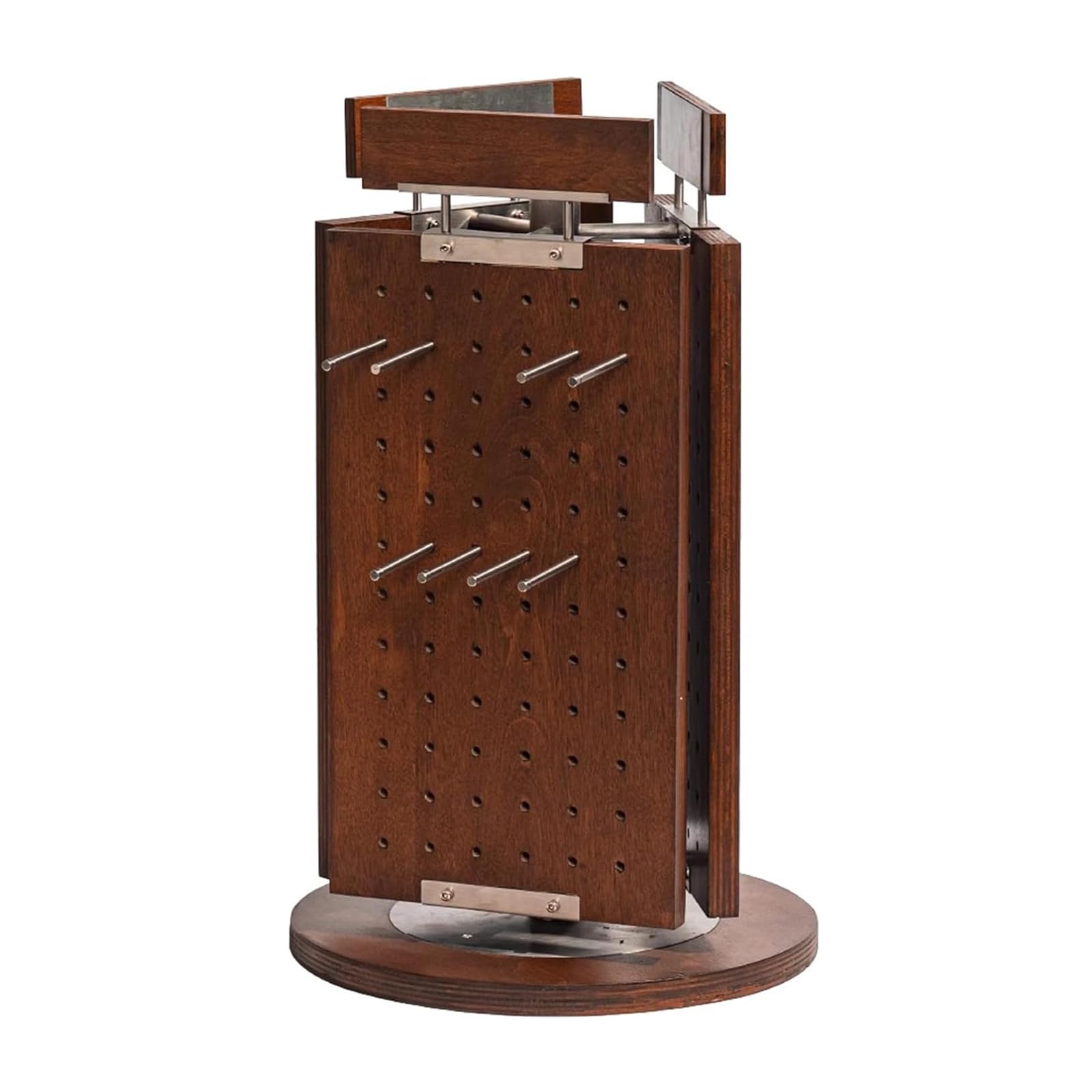 SICWEDIM Jewelry Rack - 3 Sided Revolving Wood Pegboard Display Stand with 12 Removable Stainless Steel Hooks for Craft Shows and Retail Counters