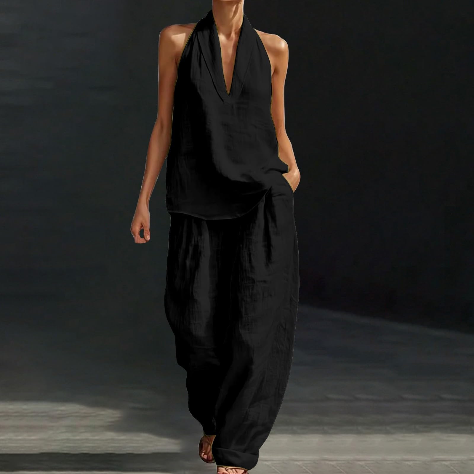 Zweiteiler Damen Sommer Outfits,Leinen Set Trainingsanzug Sets Kurzarm Oberteil & Jogginghosen,Weites Bein hosen für Freizeit Hausgebrauch,Outfit Damen Set Elegant,Bequem Atmungsaktiv