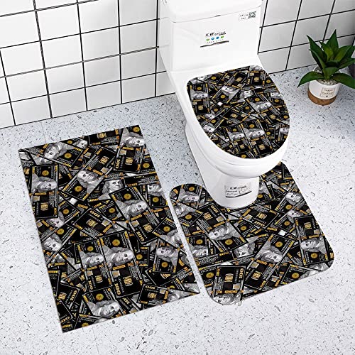 Reateforin Black Money Rugs 100 Dollar Bills Bathroom Rugs Mats Set of 3,Money Bathroom Accessory for Men Memory Foam Bath Mat,U-Shaped Contour Shower Mat Non Slip Absorbent,Toilet Lid Cover Washable