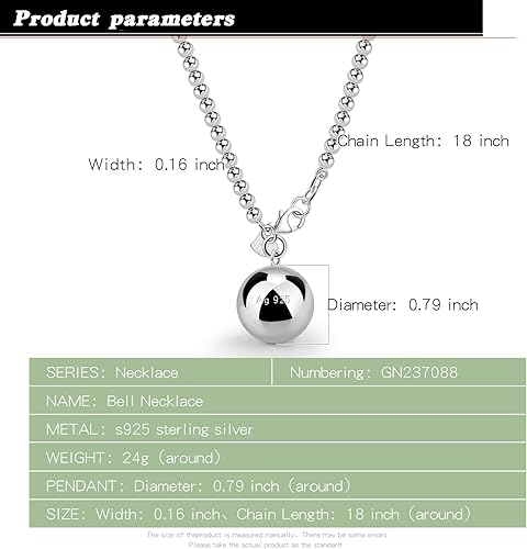 Miniatura 3 de Dankadi Collar de cuentas de plata de ley 925 para mujer, colgante de campana y corazón, 0.157 in, 0.236 in, cuentas de oración redondas, cadena