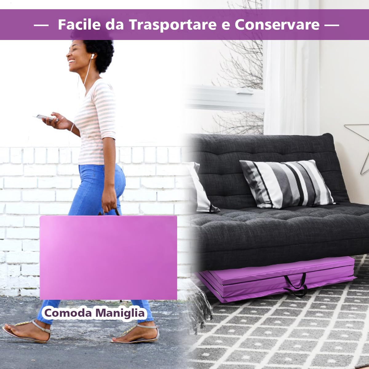 COSTWAY Tappettino da Ginnastica Pieghevole 240 x 116 x 5 cm, Tappetto Palestra da Terra con Maniglie Portatile, Materassino da Allenamento per Fitness e Yoga