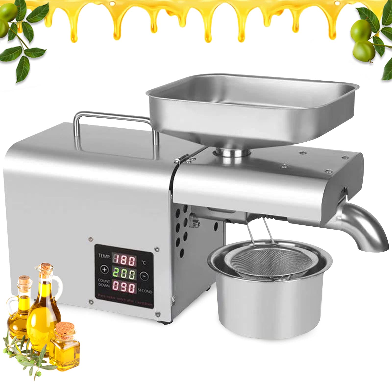 Dodoam 150W Stainless Steel Oil Press Machine - 45% Extraction Rate, 3-6kg/Hour Output, Digital Temp Control (50-482°F) for Peanut/Sunflower/Sesame Seeds - Cold & Hot Press Modes