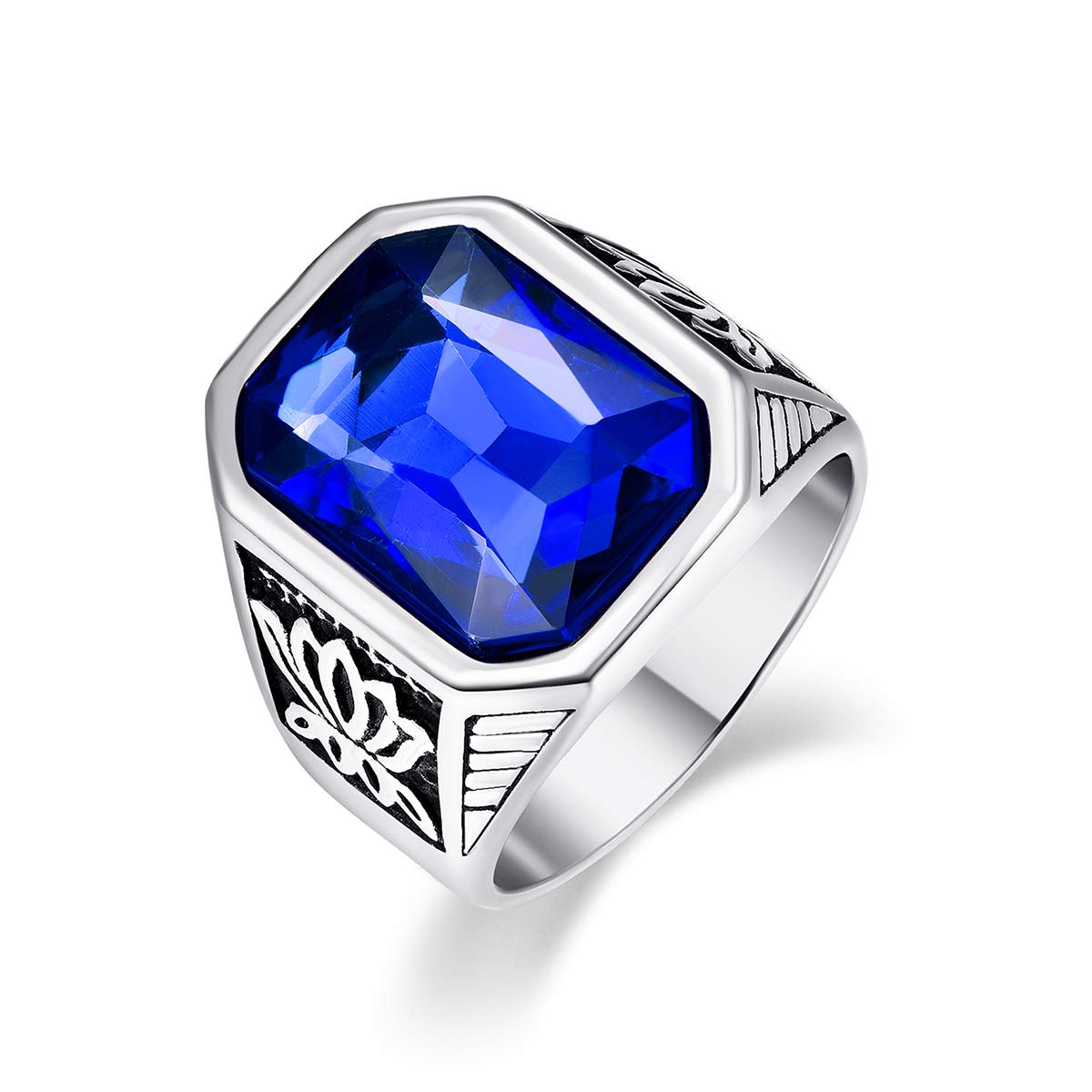 Vakki Men's Masonic/Lotus Pattern Stainless Steel Ring Inlaid with Blue/Green/Red Rectangle Crystal Size 7-12