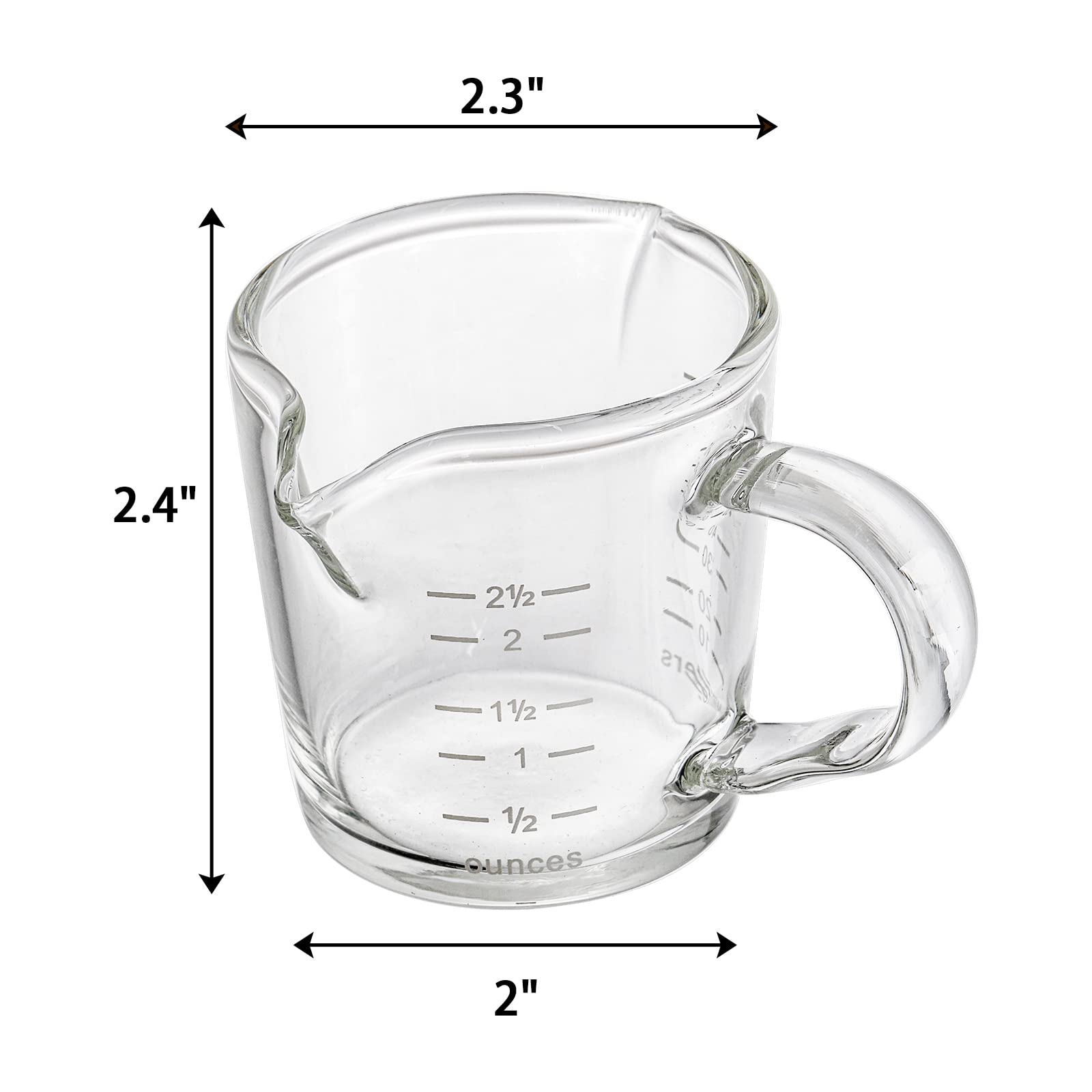 Hacaroa 4 Stück Doppelausgießer Messbecher Espresso Shot Glas mit Griff, 70 ml Mini Milch Triple Pitcher Barista Transparente graduierte Tassen für Kaffee, Wein, Bar, Party