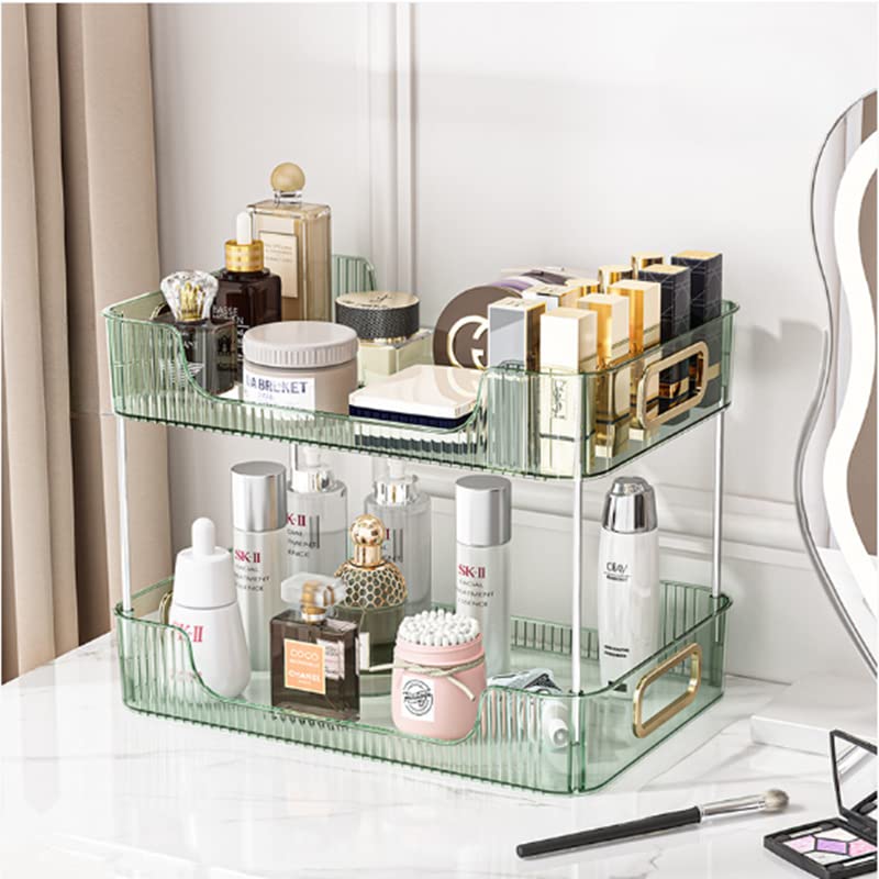 Bathroom Organizer Countertop, 2 Tier Vanity Tray, Skincare Makeup Organizer Shelf, Vanity Organizer, Bathroom Counter Shelf for Cosmetics, Toiletries, Lotions, Perfumes, Green