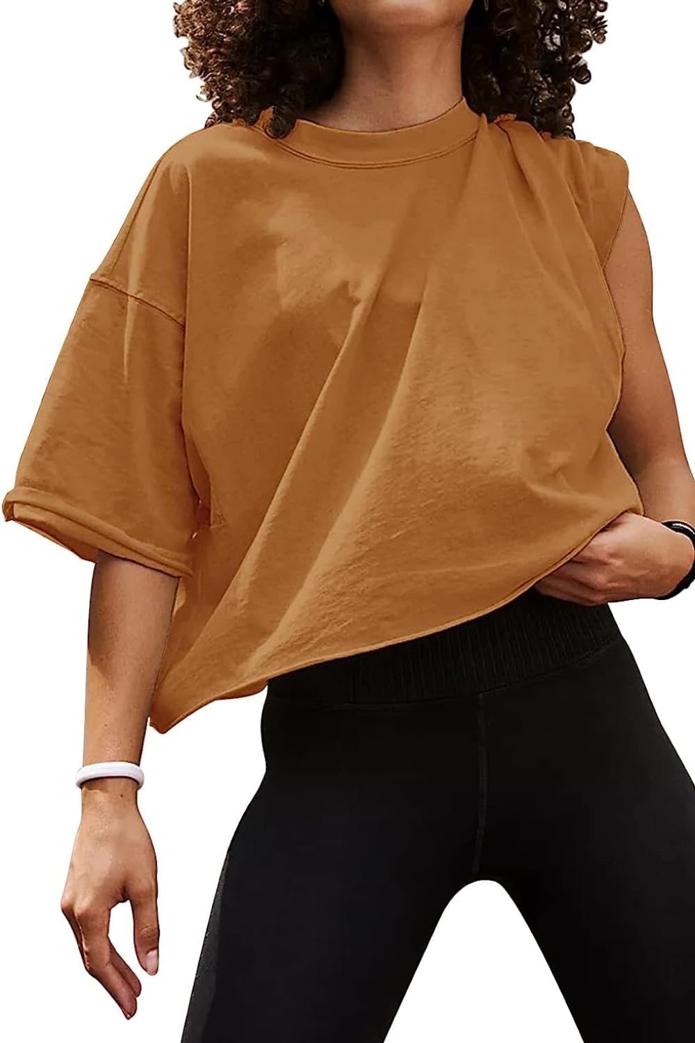 Carpetcom Camisetas de entrenamiento de gran tamaño para mujer, manga corta, hombros caídos, casuales, holgadas, para gimnasio, yoga, atlética