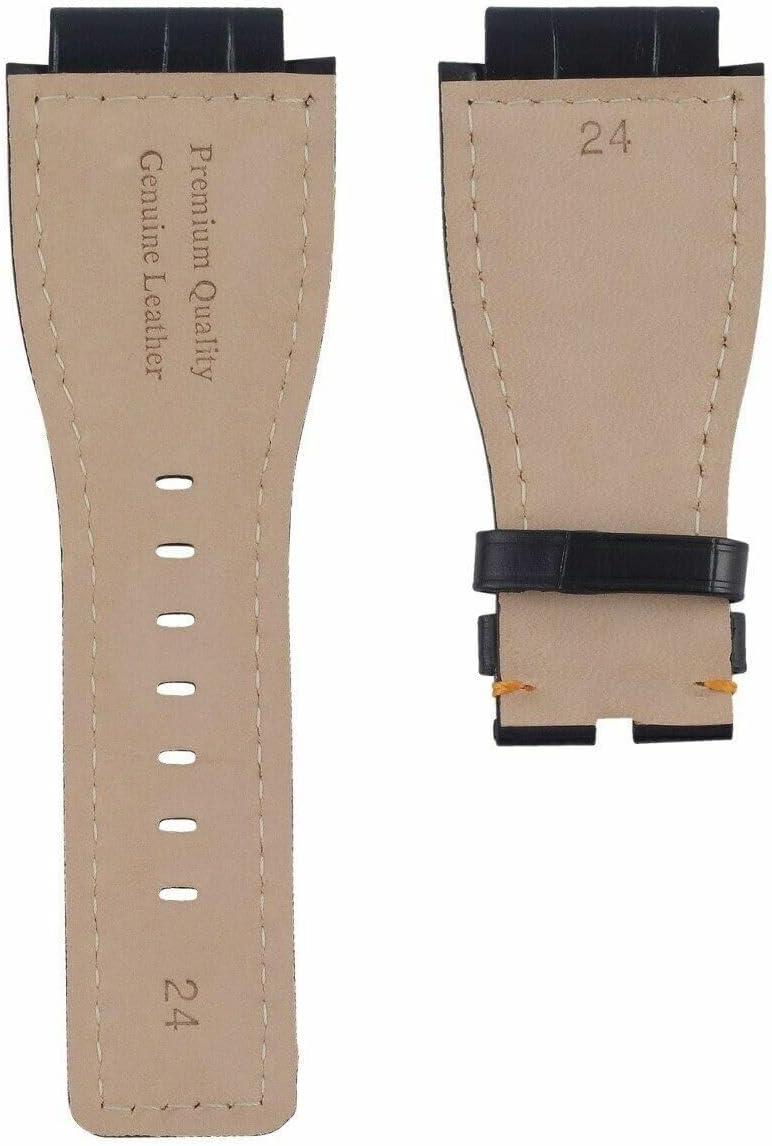 Ewatchparts 24mm Leather Watch Band Strap Compatible With Bell & Ross Aviation Br-03-51 GMT Black With Orange Stitching