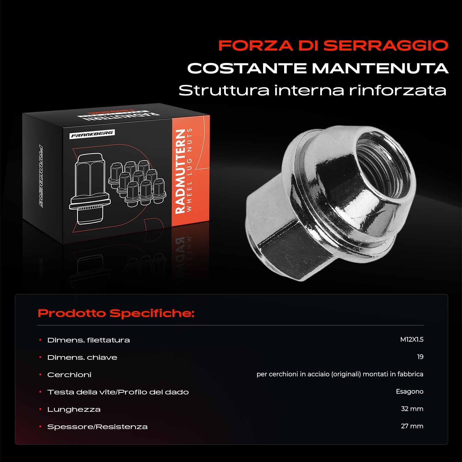 Frankberg Dadi per ruote Viti per ruote Bulloni per ruote Compatibile con Fiesta VI CB1 CCN K.u.g.a II DM2 EcoSport Focus III Turnier Fiesta VII HF HJ Replace# ACPA1012DXA