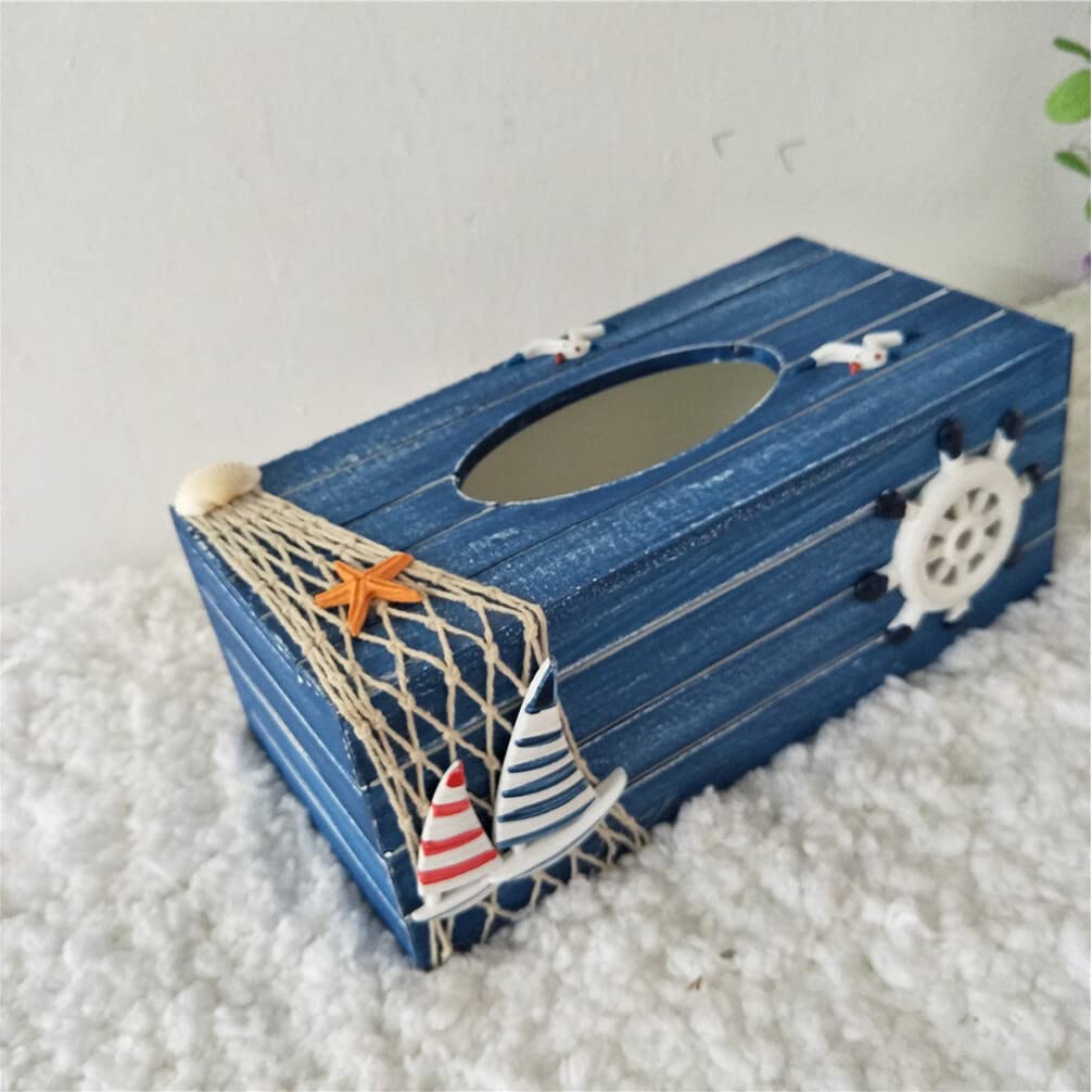 Scatola Fazzoletti in Legno Blu, Contenitore Decorativo Stile Costiero | Atmosfera Estiva, Organizza la Carta Finitura Resistente, per Tavolo Ristorante e Auto