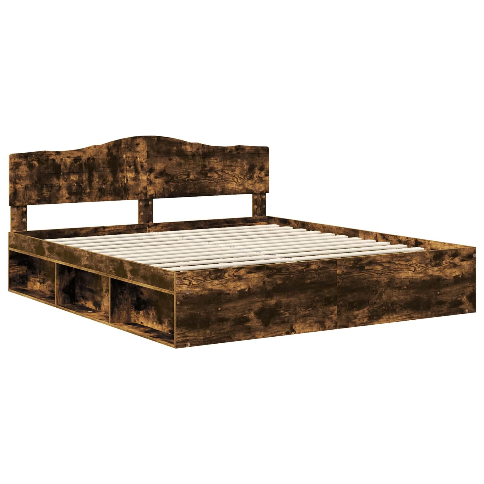 Bettrahmen Geräucherte Eiche aus massivem Kiefernholz 180 x 200 cm Super King Size Bettgestell mit Lattenrost und Kopfteil für Schlafzimmer und Gästezimmer, robust und pflegeleicht
