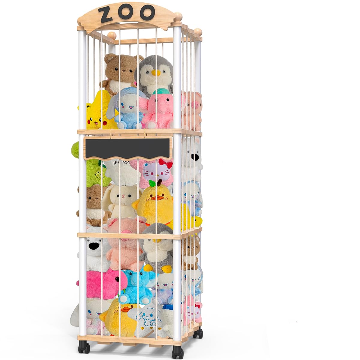 Kuscheltier Aufbewahrung Holz Plüschtier Lagerung Spielzeug Aufbewahrung | Platzsparend Große Kapazität mit 360°Bremse Ausgestattete Räder,132x42x42cm für Spielzimmer Schlafzimmer,Kinderzimmer
