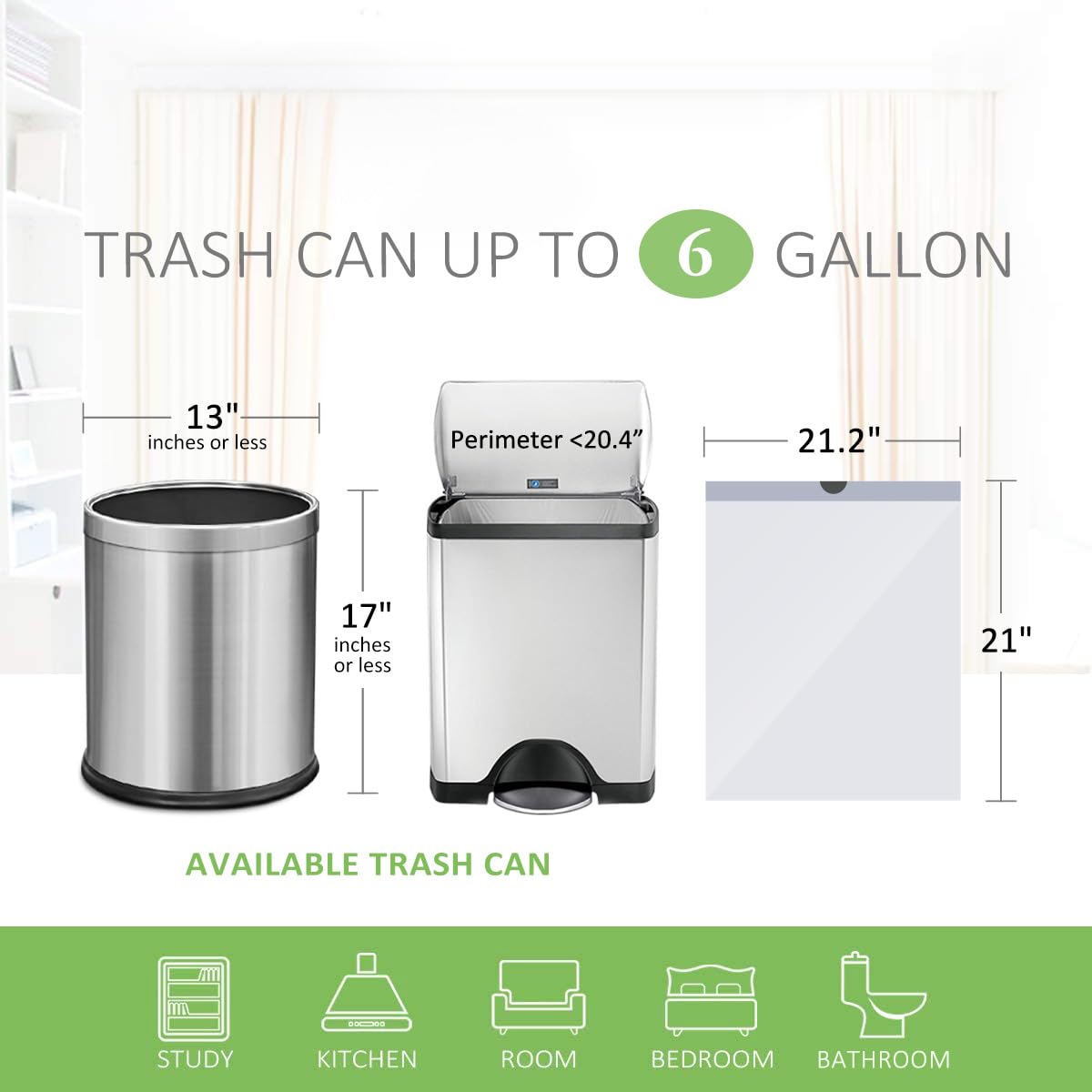 6 Gallon 100pcs Strong Drawstring Trash Bags Garbage Bags by Teivio, Bathroom Trash Can Bin Liners, Plastic Bags for home office kitchen, White