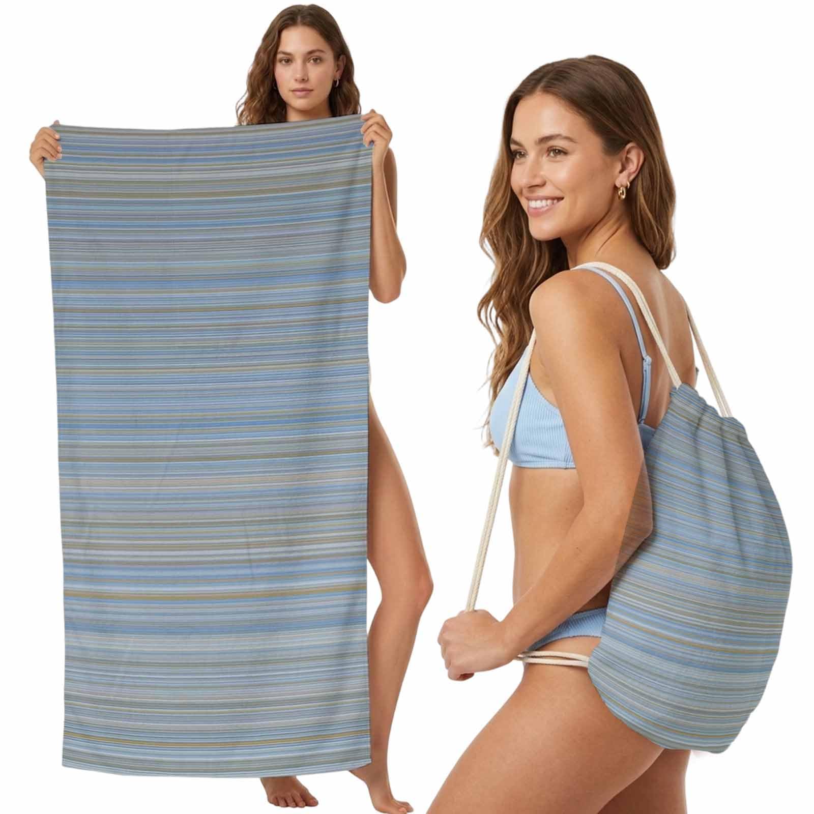 Beach Towel Bag 2 in 1 Blue Lines Waves Bath Pool Towels Backpack Horizon Stripes Absorbent Beach Towel Soft Quick Dry Lightweight Packable Towels Drawstring Bag for Travel Camping Sports Yoga Picnic