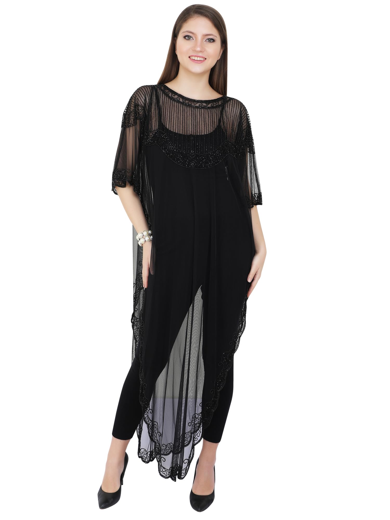 Free Size Sundress Club Bikini Party Cover Up Transparent Dress Style Poncho Shrug Blouse All Season Wearable Wholesale Offer Price Hand Beaded Embroidery Work Net Maharani Fabric Material-image-0