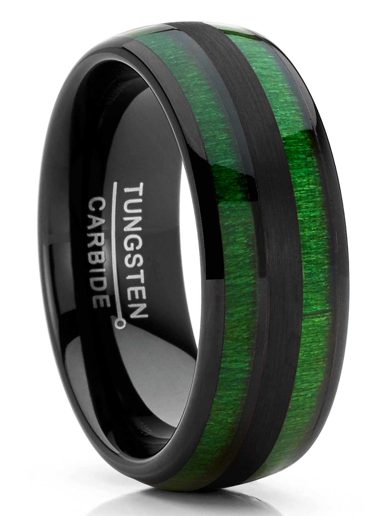 Metal MastersCO. Men's Tungsten Carbide Ring Dome Green Jade Wood Inlay Wedding Band Black 8MM