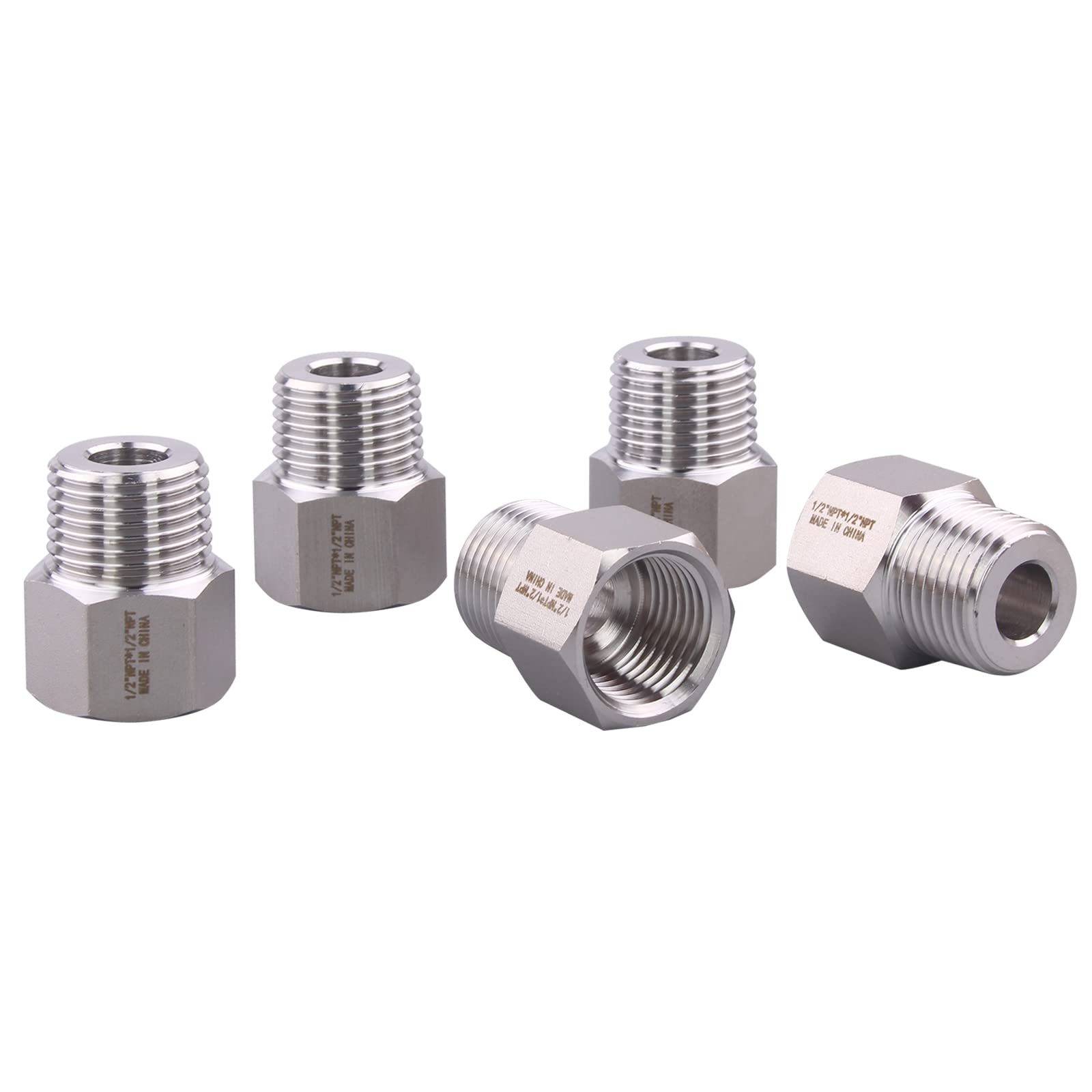 Forged Reducer Adapter Fitting - Stainless Steel 304 Reducing Pipe Connector, 1/2" NPT Female x 1/2" NPT Male (pack of 5)