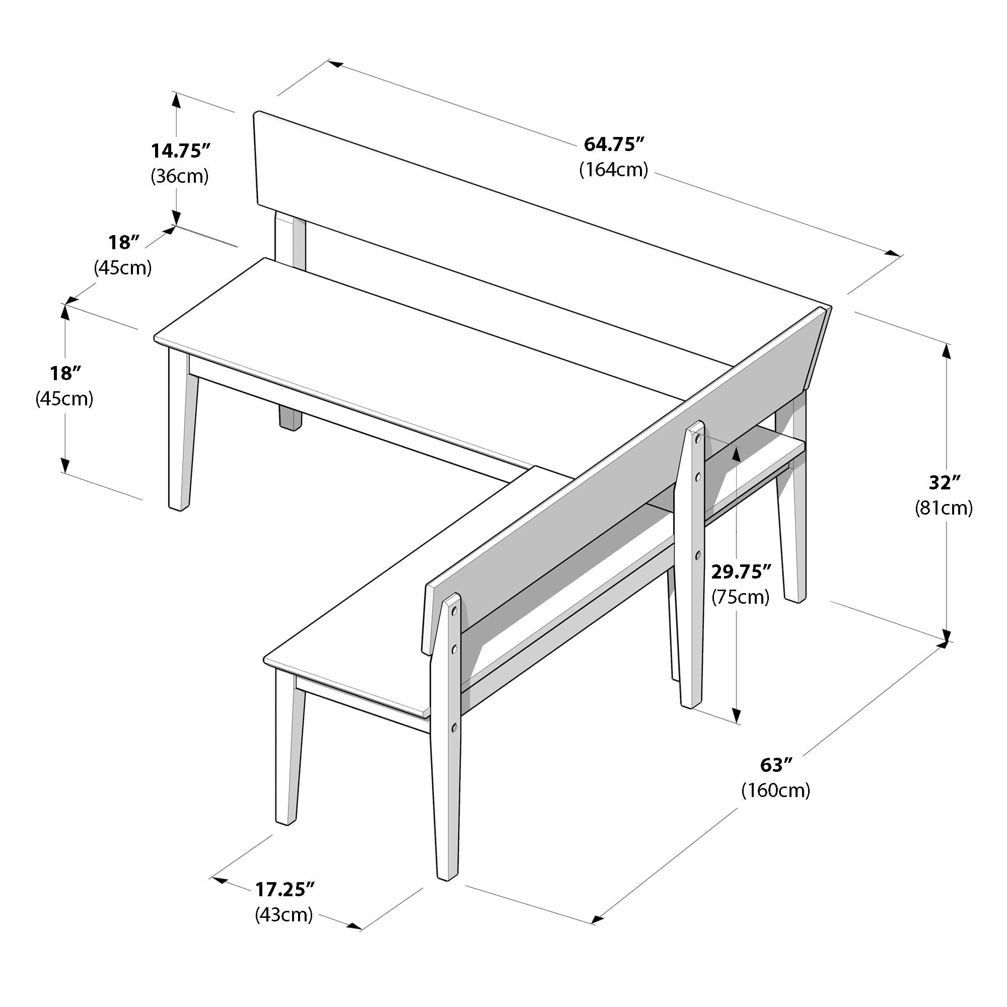 Plank+Beam Risa Dining Bench, 64 Inch, Corner Bench, Black | Space-Saving Solution, Hassle-Free Setup, Solid Wood