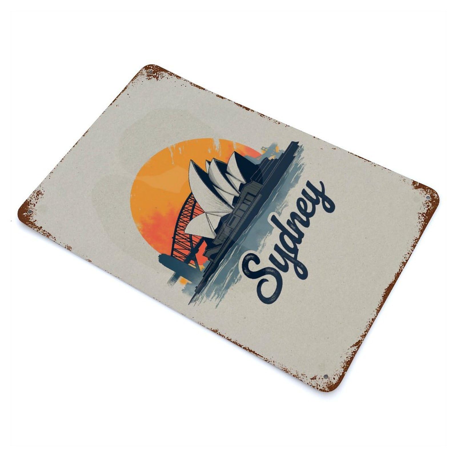 Sydney Opera House And Harbour Bridge Rust Effect Tin Sign 11.8"x7.9", Rustic Home Decor for Garage, Bar And Workshop Decor