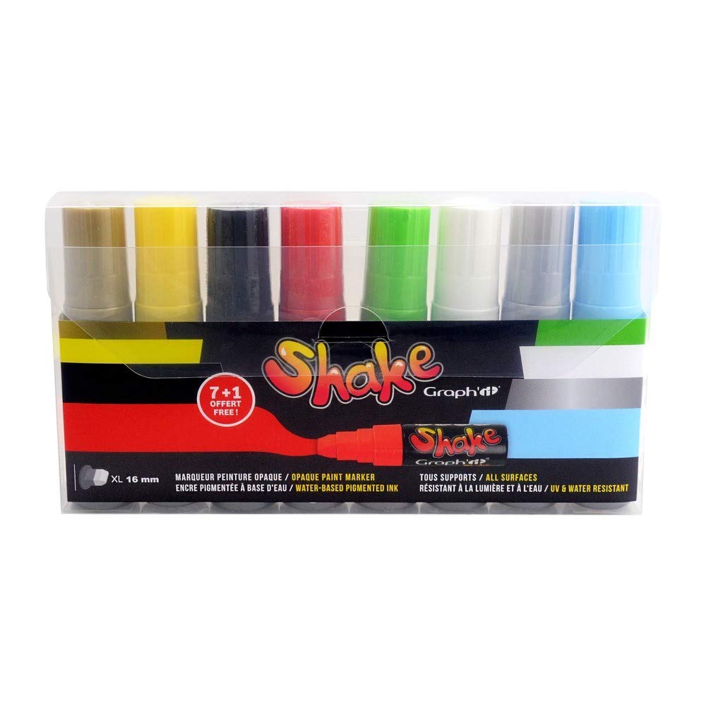 GRAPH'IT - Shake Set de 8 Marqueurs à Encre Acrylique Opaque - Pointe 16mm - Dessin et Manga - Résistante à l’Eau et UV - Professionnel et Débutant - Tous Supports - Couleurs Basiques