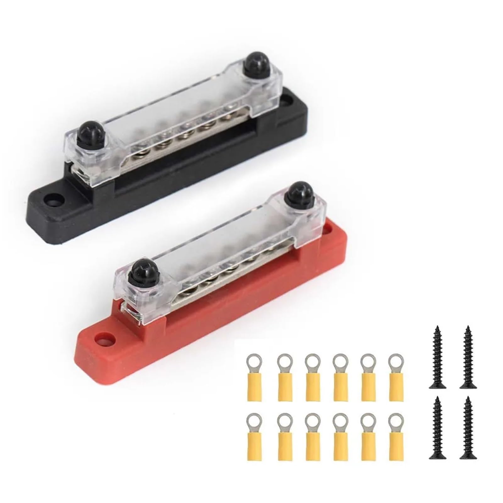 Barra colectora Bloque de terminales coche M6, barra bus negativa, bloque 12V 150A, distribución energía 1/4", autobús termianl M8 for barco automotriz(8P Black And Red)