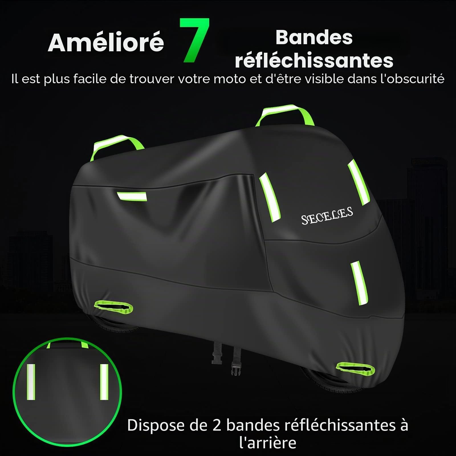 SECELES 300D Housse de Moto imperméable M 185x90x100cm | Tissu Oxford 300D,Imperméable, Antipoussière, 7 bandes réfléchissantes, Sac de rangement, Pour usage extérieur