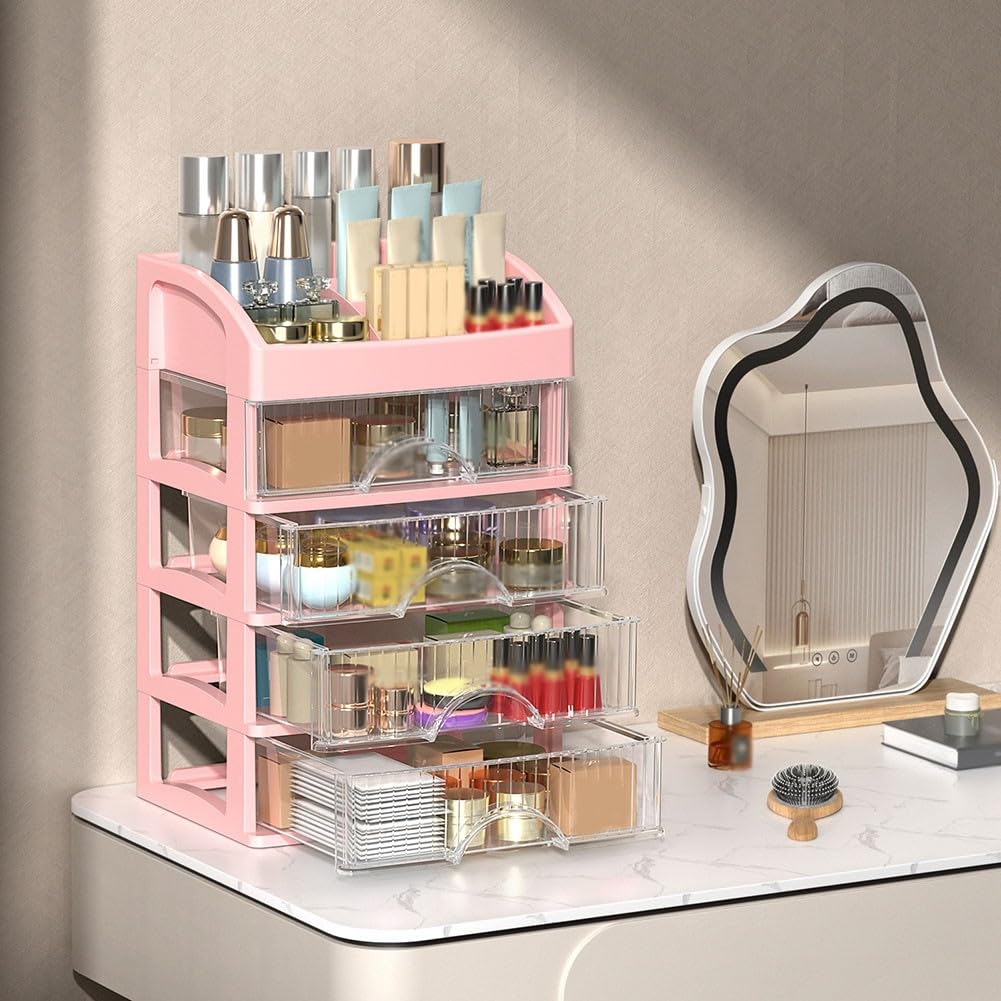 Scatola portaoggetti multifunzionale per trucchi con cassetti, organizer per cosmetici regolabile per scrivania da bagno, vetrina in acrilico trasparente per gioielli per la cura della