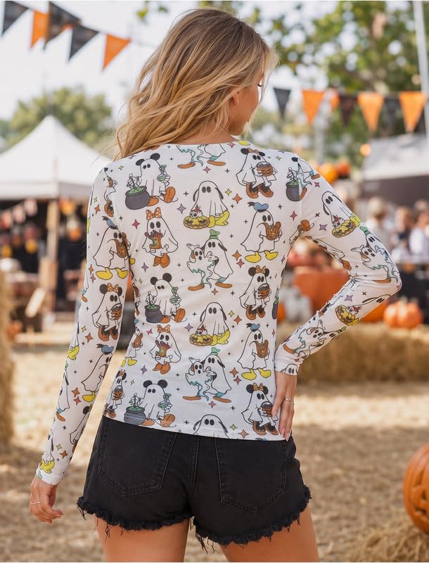 Image of Halloween Shirt Women Spooky Season See Through Mesh Long Sleeve Top