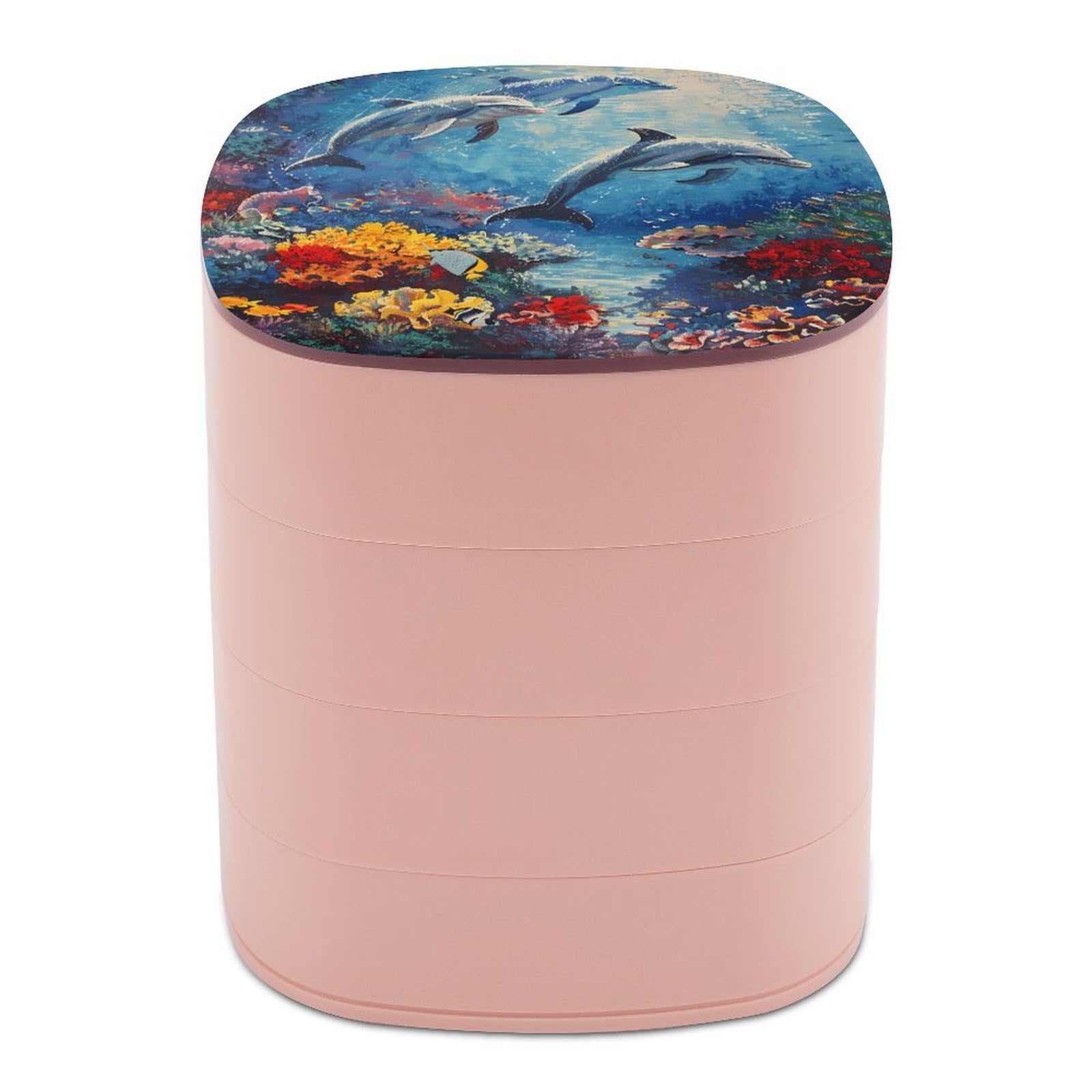 FekiLoot Seabed Coral Fish Dolphins Jewelry Box 4-Layers Rotatable Jewelry Organizer Storage Box with Mirror Cute Travel Jewelry Case Portable Earring Holder Organizer for Ring Necklace Bracelet