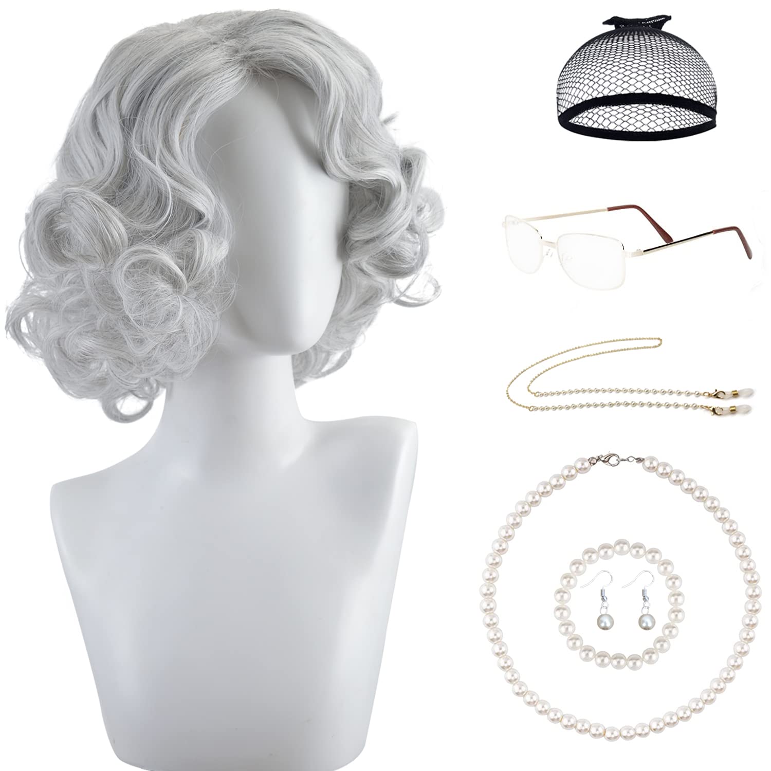 Old Lady Grey Short Curly Grandmother Madea Costume Gray Wigs with Glasses Pearl Chain,Necklace,Pearl Bracelet,Earring, Caps 7 Peice Set