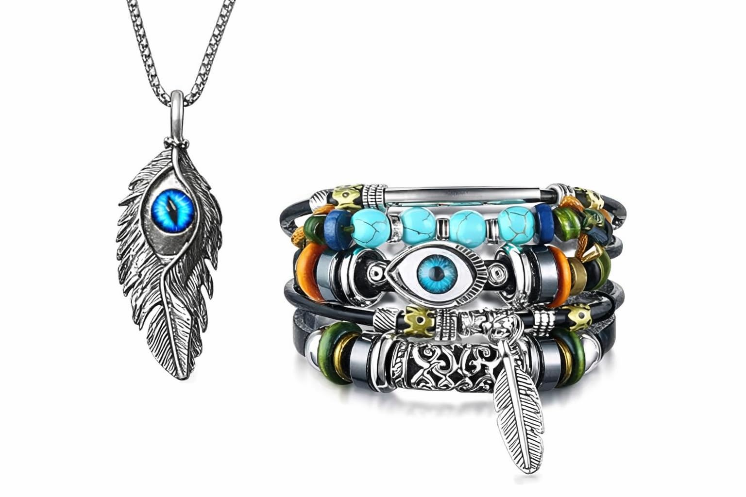 Adjustable Silver Feather Evil Eye Charms Leather Bracelet for Men & Women with Feather Necklace