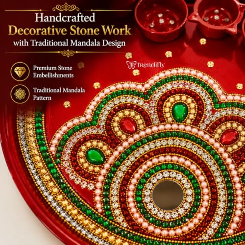 Image of Trendifly Decorative Metal Pooja Thali Set with 5 Diya Holder | Kundan Stone Mirror Work Puja Aarti Thali Set for Home Mandir Temple Room | Home Ceremony Pooja Wedding Baby Shower Return Gifts Items
