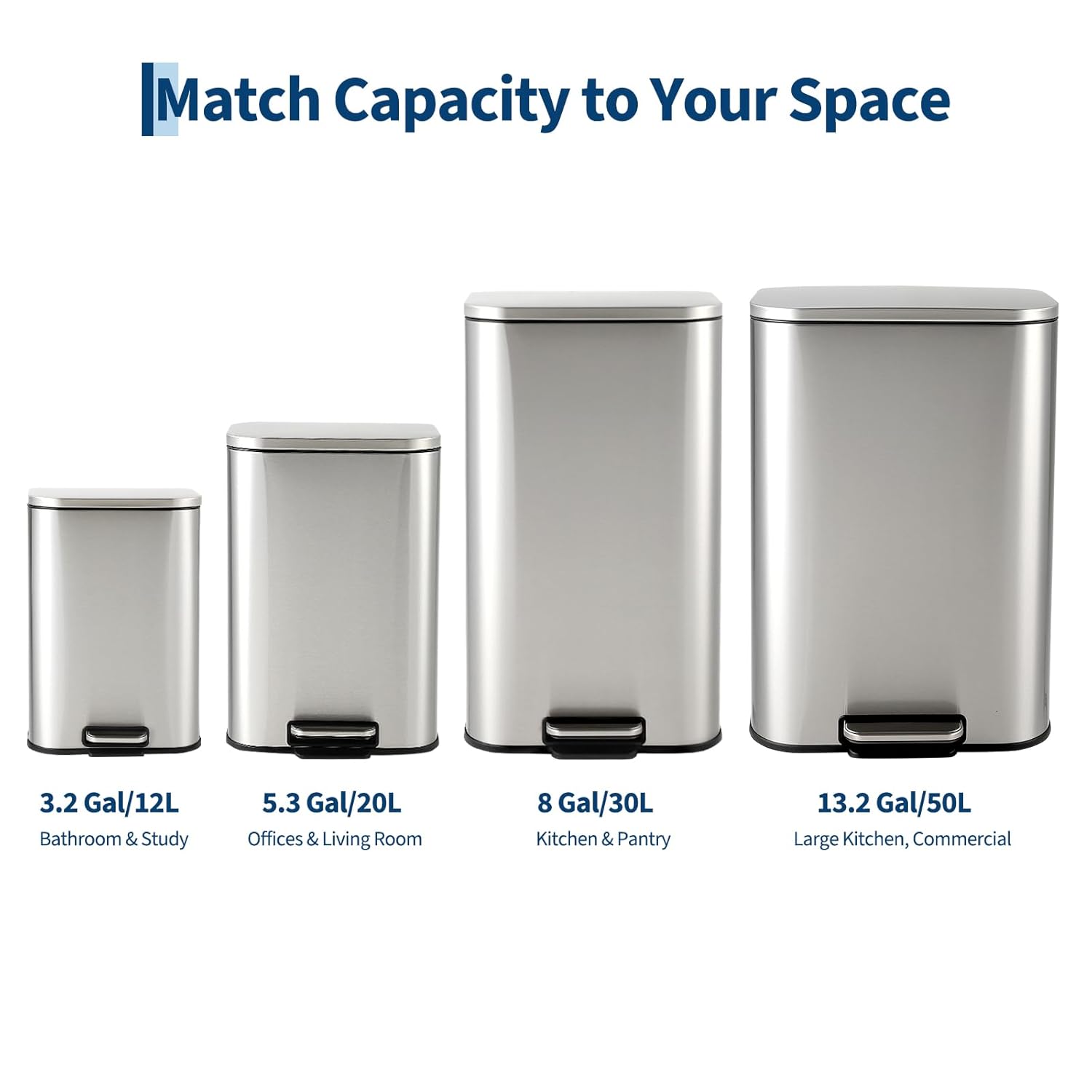 8 Gallon / 30 LTrash Can, Stainless Steel Step-on Garbage Can with Soft-Close Lid & Removable Inner Bucket, Narrow Rectangular Rubbish Bin Waste Container for Kitchen, Bathroom, Office - Silver