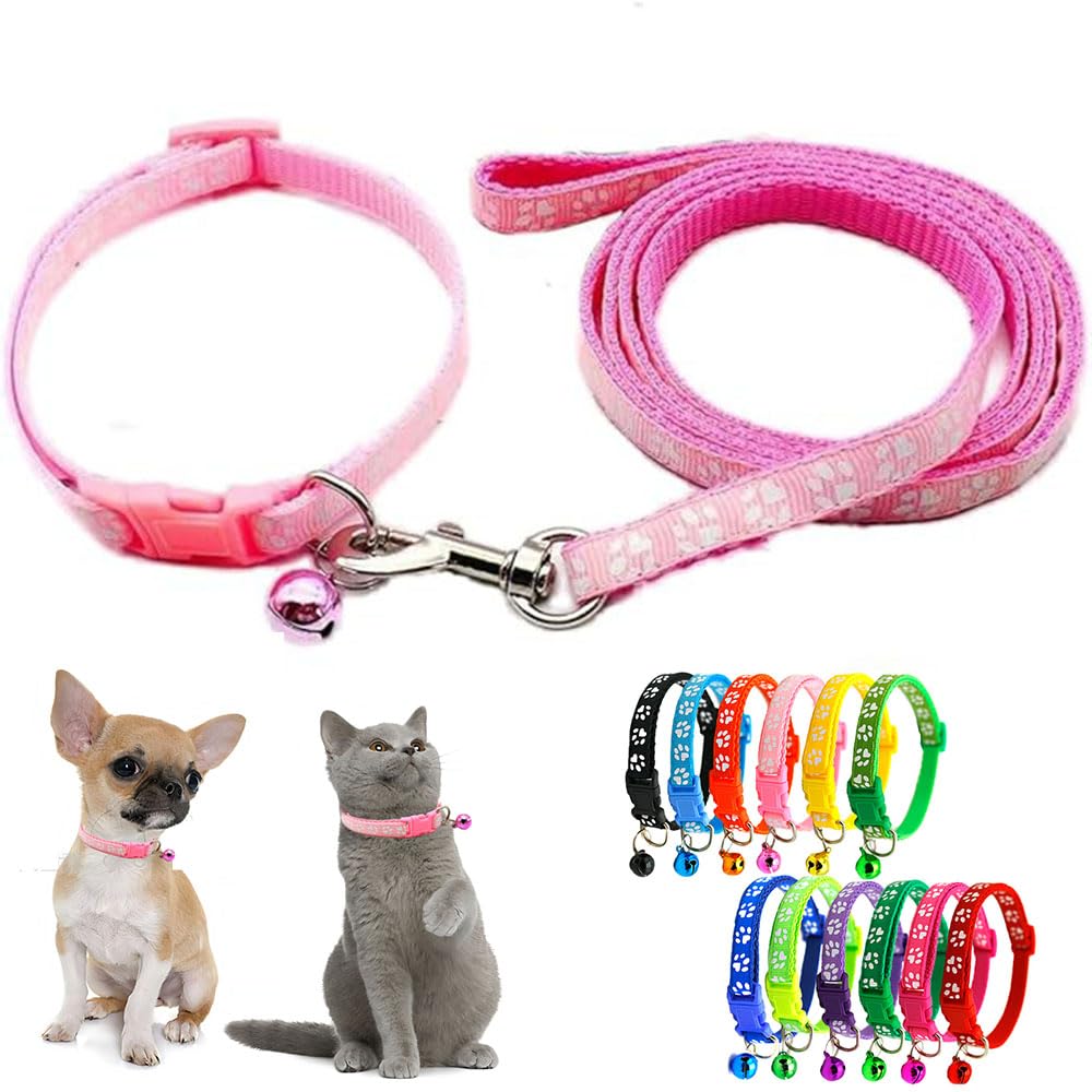 Pink Puppy Collar and Lead Sets, Kitten Collar with Bell Lead Set Pawprint Dog Collars for Small Dogs Adjustable Cat Collar for Tiny Little XXS XS