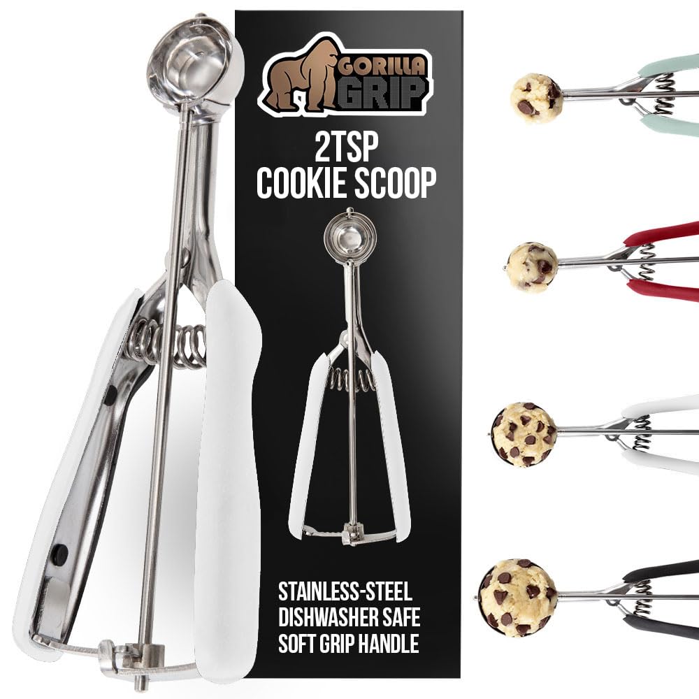GORILLA GRIP Stainless Steel Multipurpose BPA-Free Spring Scoop, 2 TSP, Melon Ballers, Cookie Dough Scoops, Perfect Portion Sizes, Easy Squeeze and Clean Release, Scooper Size 100, White