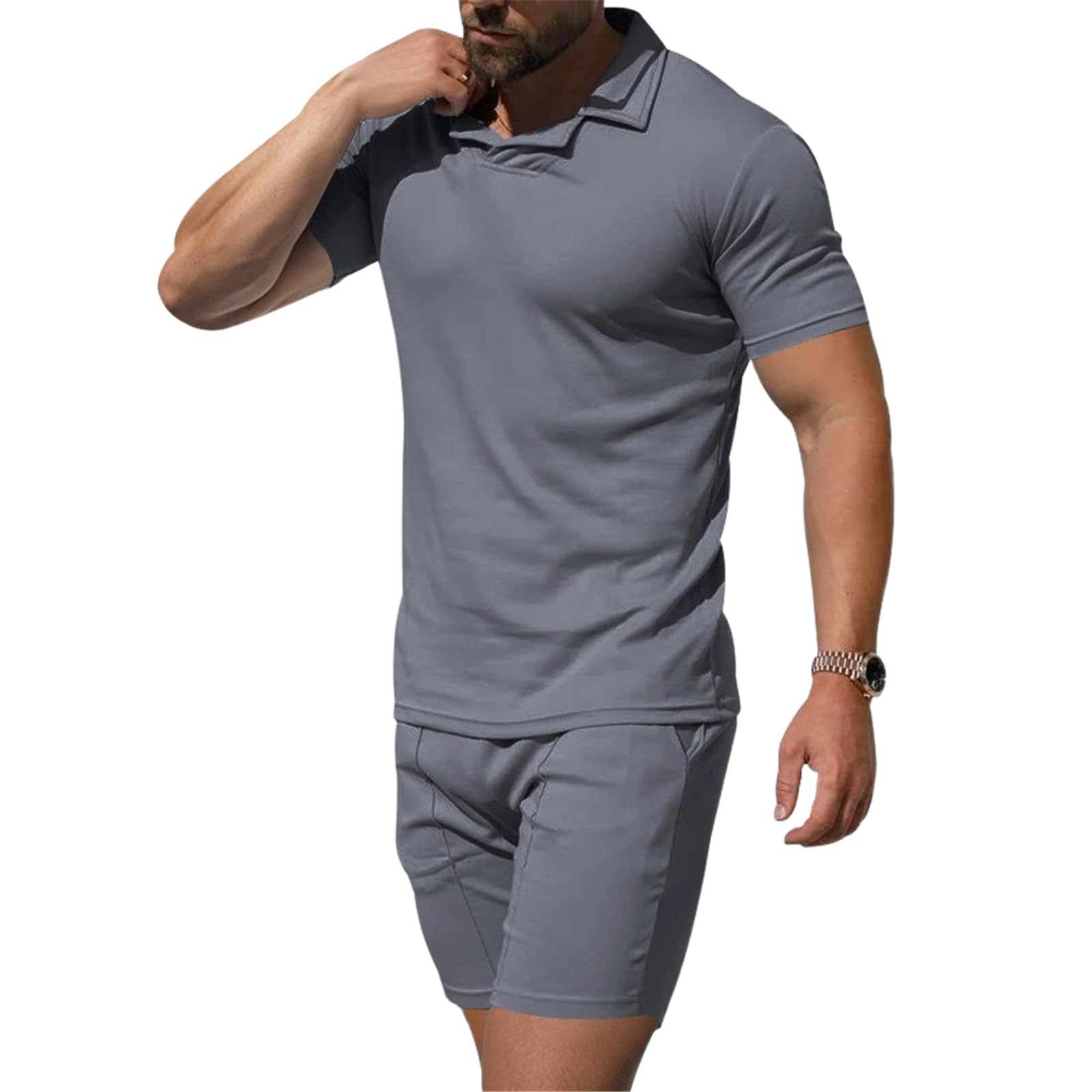 Męskie letnie spodenki z krótkim rękawem i szortami w stylu brytyjskim slim fit sportowe szybkoschnące 2-częściowy strój-jasnoniebieski01-L
