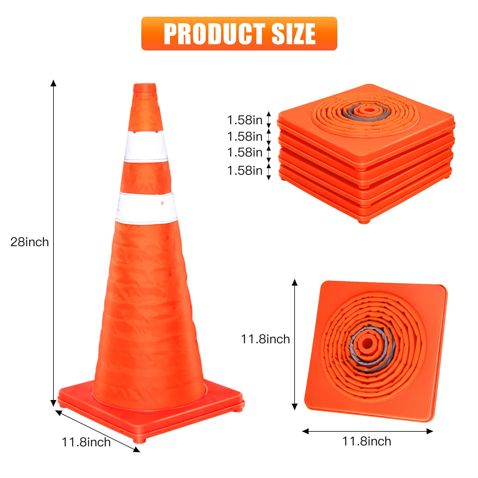 Collapsible Traffic Cones 28 Inch 4 Pack, Traffic Safety Cones, Orange Traffic Cones, Collapsible Safety Cones with Reflective Collars, Parking Cones for Drivers Training Parking Lots - Image 2