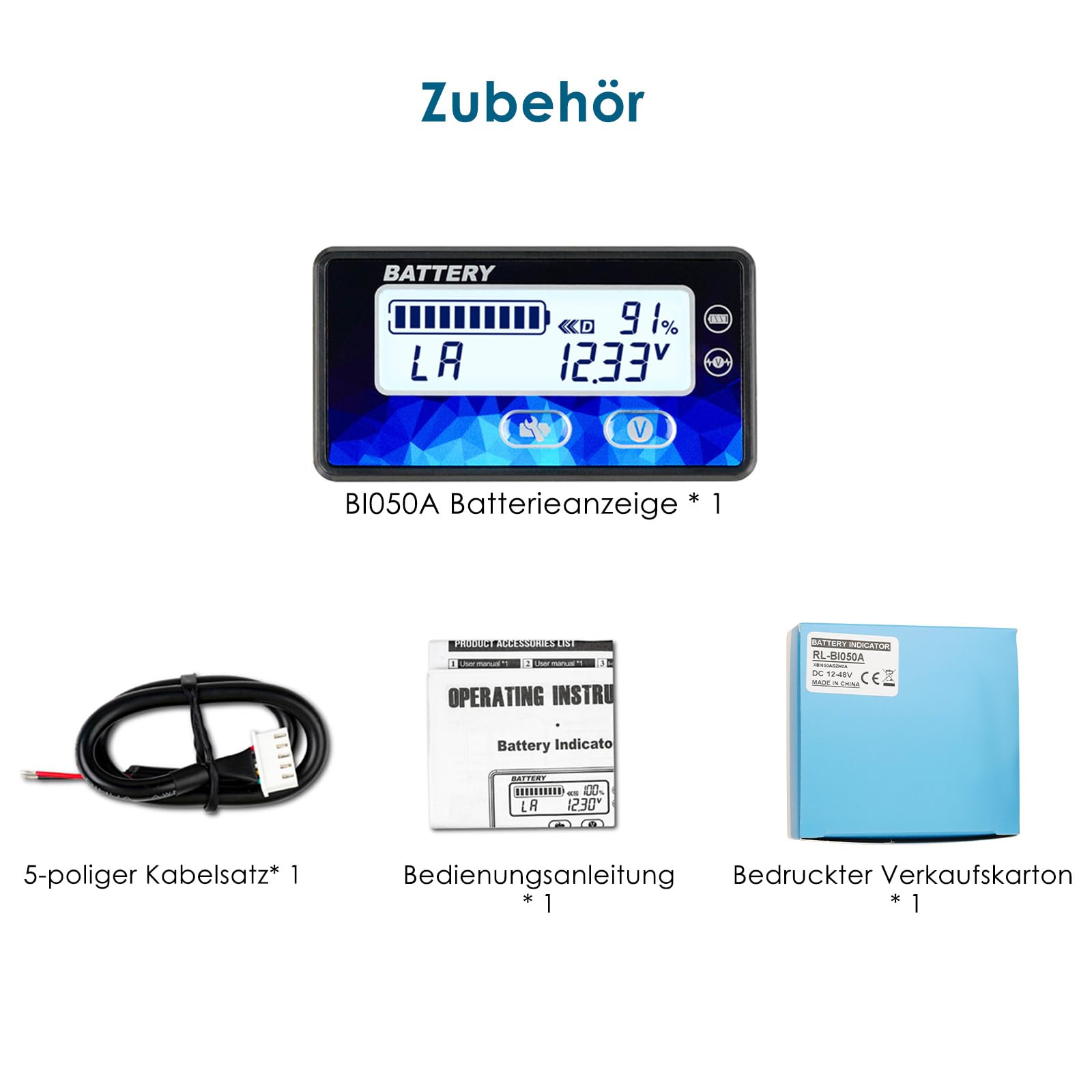Runleader RL-BI050A Indicatore Livello Batteria, LCD Retroilluminato Bianco, DC 12V/24V/36V/48V per Piombo, LiFePO4, Litio, Golf Car, Camper, Muletto, Bici Elettrica & Generatore Solare