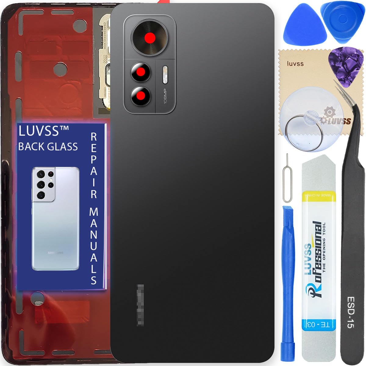 LUVSS Back Glass Cover Replacement Compitable for Xiaomi 12 Lite Rear Cover + Camera Lens + Repair Manual DIY Tools Kit (Black)