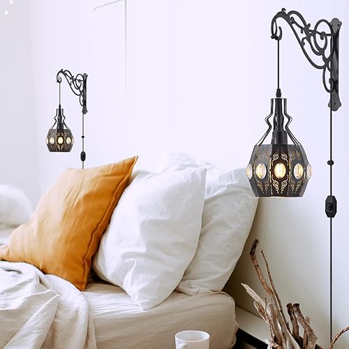 Miniatura 4 de 2 apliques de pared colgantes con enchufe regulables, luces de pared ajustables con cable de enchufe y regulador de intensidad de encendidoapagado,