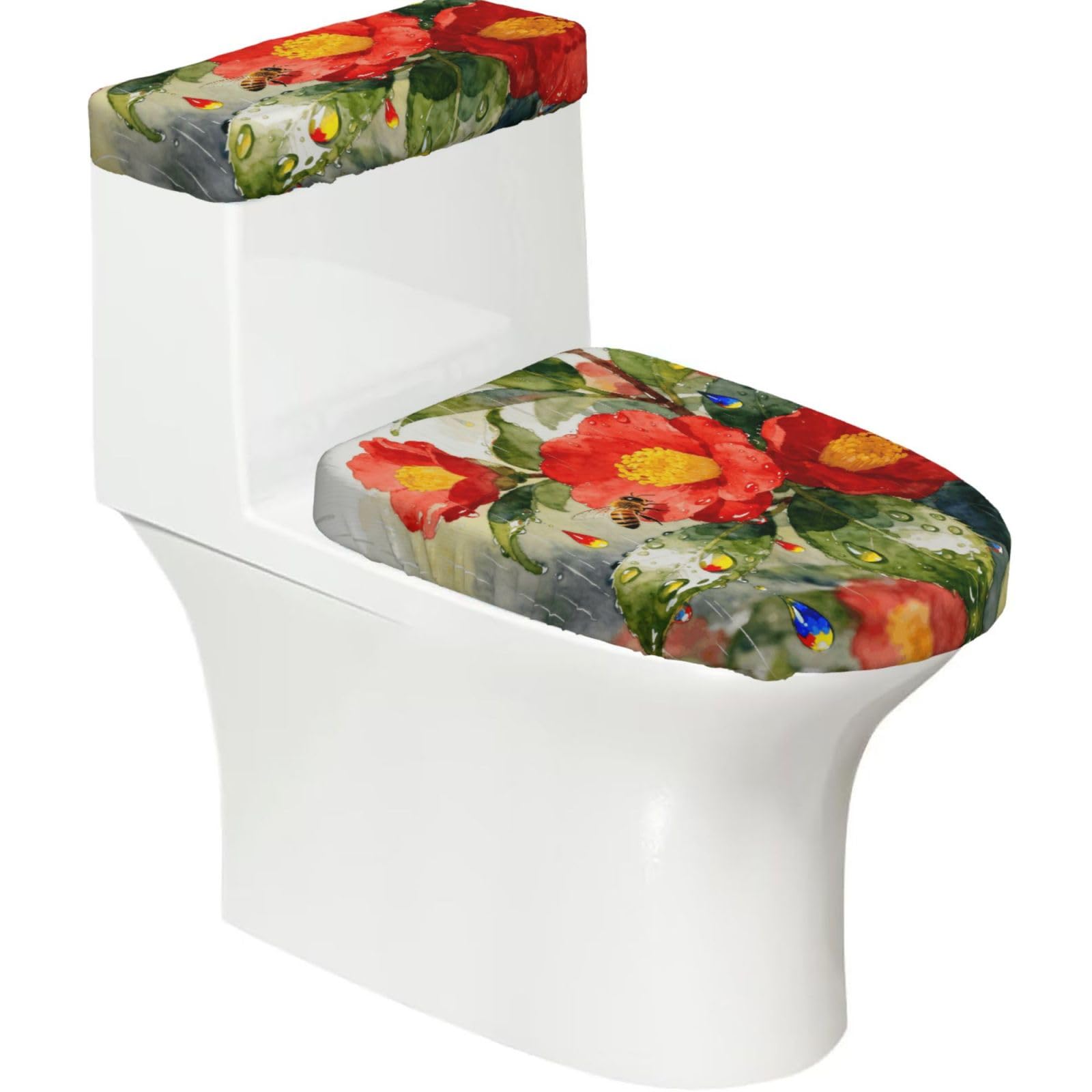 Flower Rain Elastic Toilet Cover Set of 2-Stretchy Lid and Tank Covers for Bathroom, Soft Washable U Shape Toilet Decor
