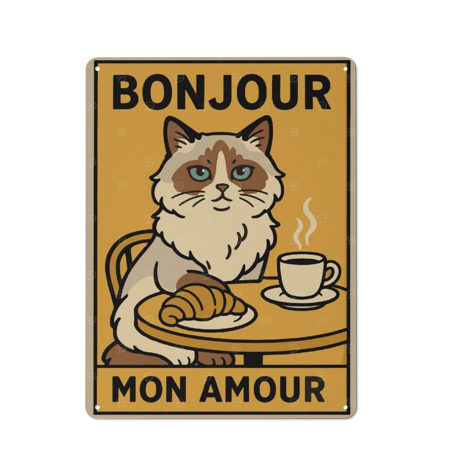 Junmoney Bonjour Mon Amour Cat Illustration Vintage Tin Sign 40X30cm With For Living Room Or Hallway, Gift Idea At Christmas For Home Wall Decor Collectors
